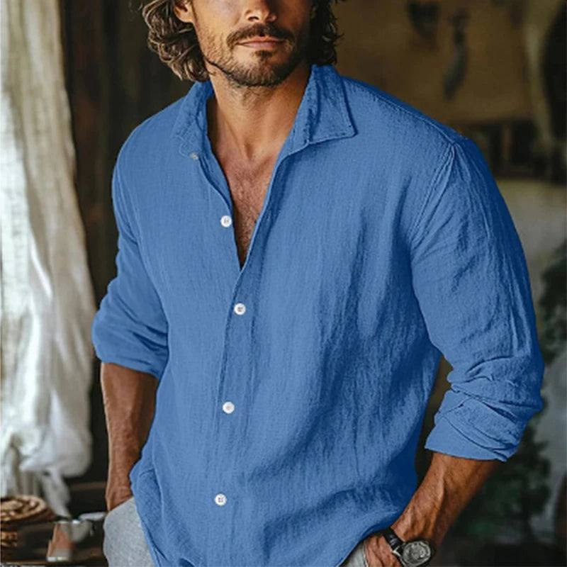 Chemise Lin Homme – Casual Manches Longues, Col Reversé, Coupe Ample