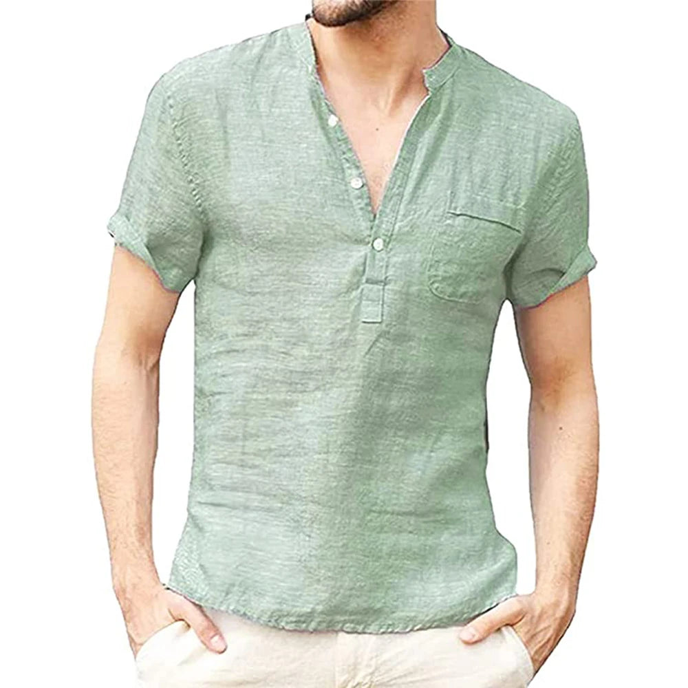 T-Shirt Homme Coton & Lin – Manches Courtes, Col Rond, Léger & Respirant