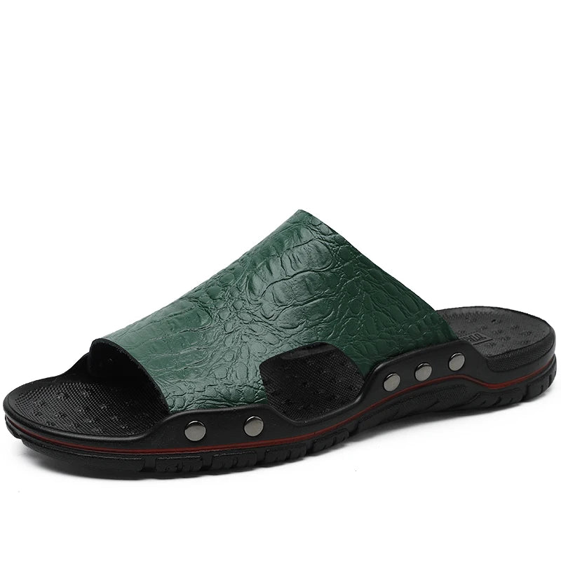 Fashion New Men's Crocodile Embossed Leather Slippers Casual Sandals For Men Summer Open Toe Beach Garden Shoes Flip Flops