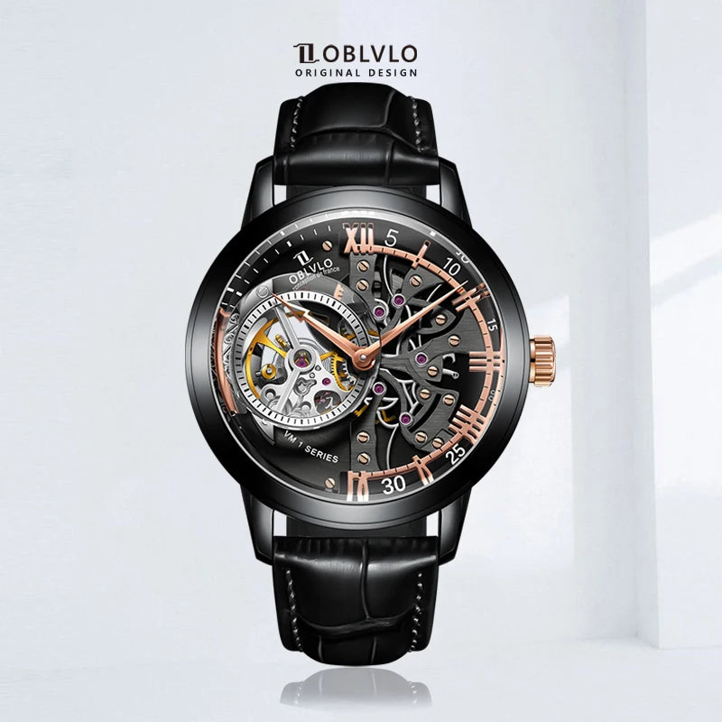 Montre Homme Automatique Squelette Rétro Cuir Veau Oblvlo VM 45mm – CLEVI Paris