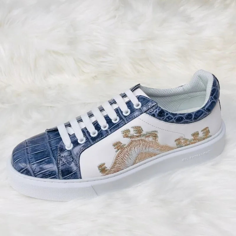 Chaussures Homme Luxe – Cuir Véritable Crocodile & Vachette, Lacets, Bicolore Blanc & Bleu | Édition Unique