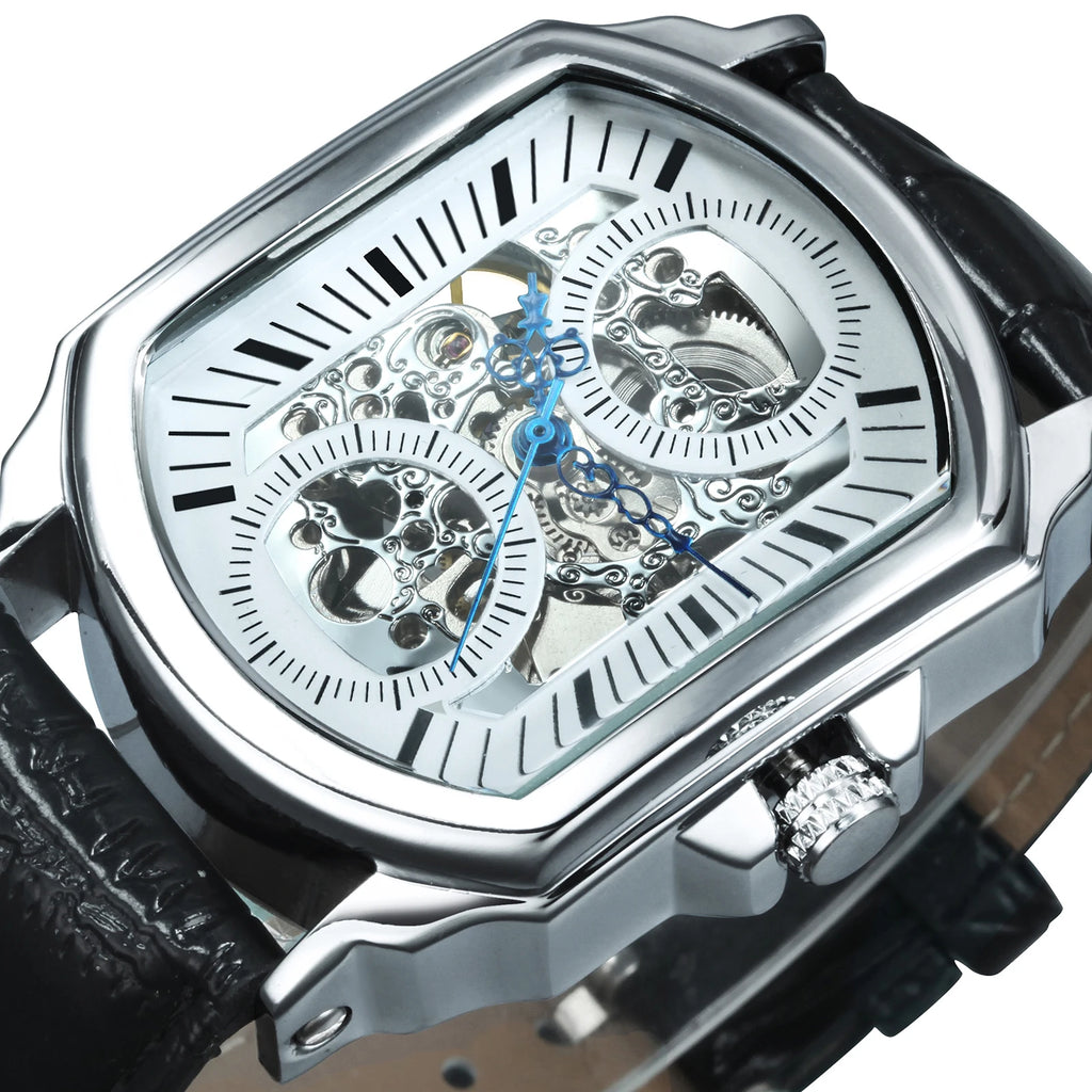 FORSINING Montre Homme Automatique Squelette Rectangle Cuir Aiguilles Bleues – CLEVI Paris