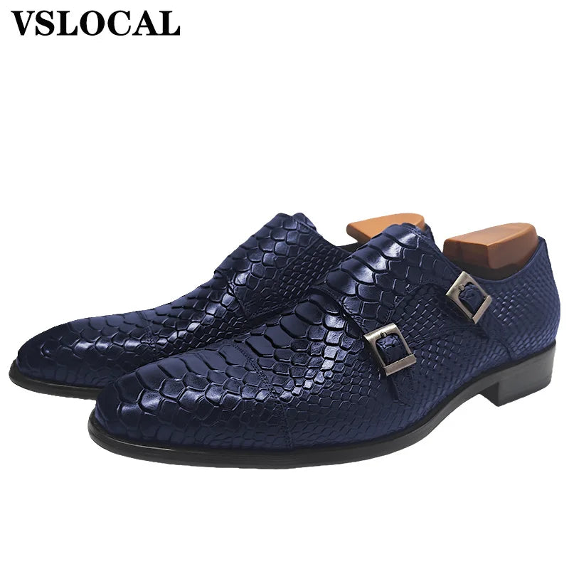 Chaussures Homme Cuir Véritable VSLOCAL – Monk Strap Double Boucle Imprimé Serpent Slip-On – CLEVI Paris
