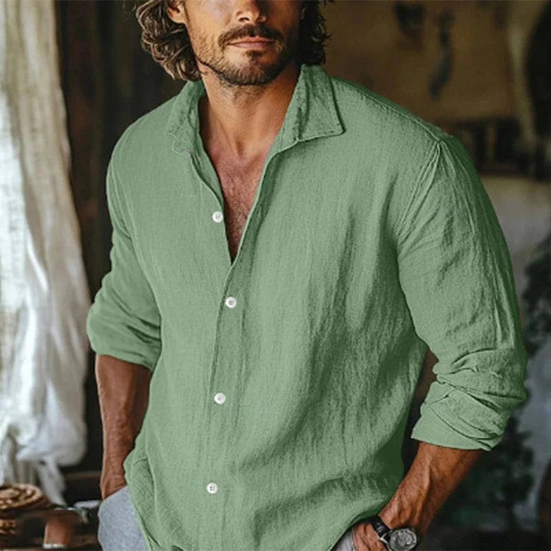 Chemise Lin Homme – Casual Manches Longues, Col Reversé, Coupe Ample