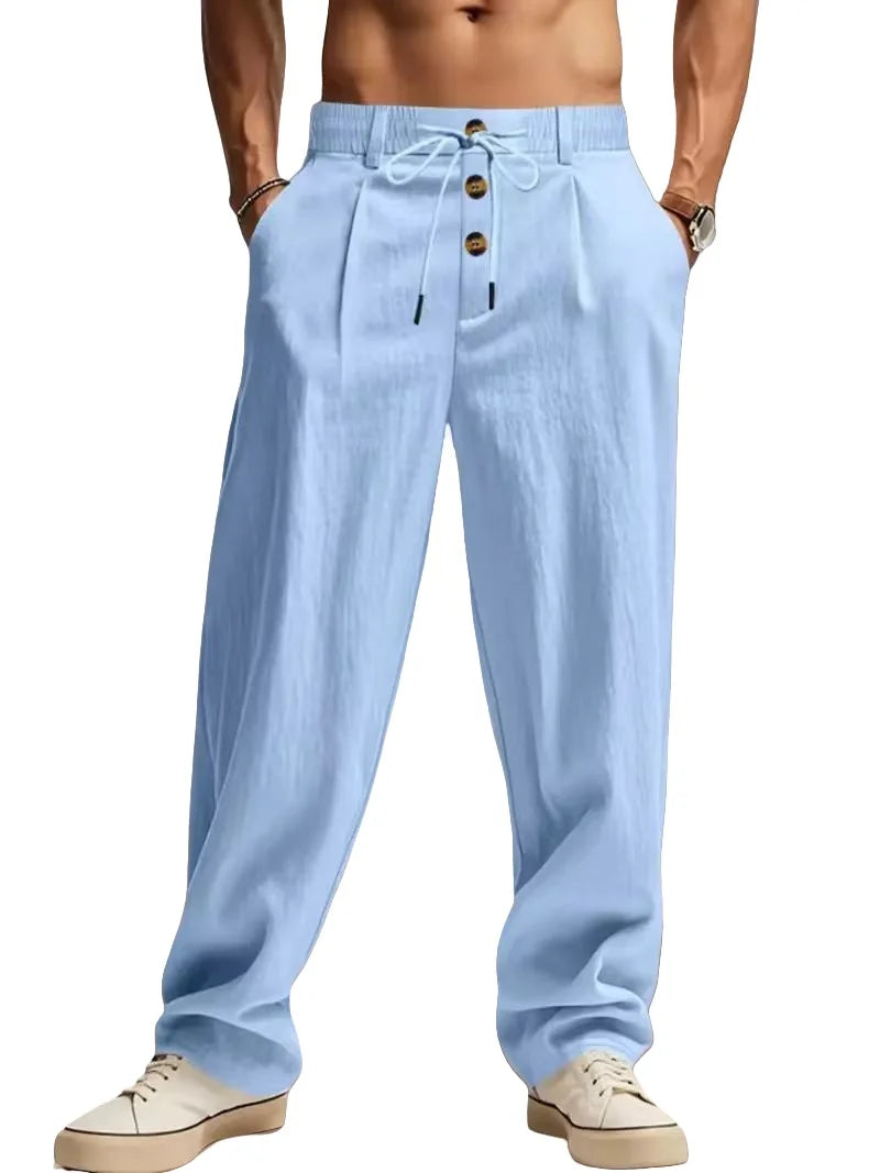 Pantalon Homme Lin Coupe Droite Loose Casual Sport Plage Cordon Taille Mi-Haute – CLEVI Paris