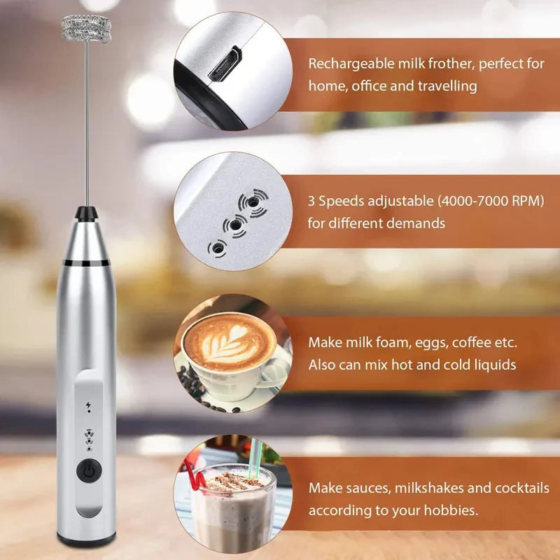 Mousseur à Lait Électrique USB Rechargeable – 3 Vitesses, Fouet & Batteur