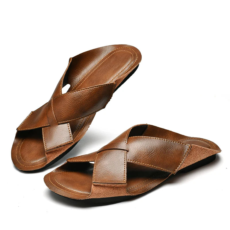 Sandales Homme Été – Cuir Fendu Plissé, Open-Toe, Slides Plage & Outdoor | Marron ou Noir