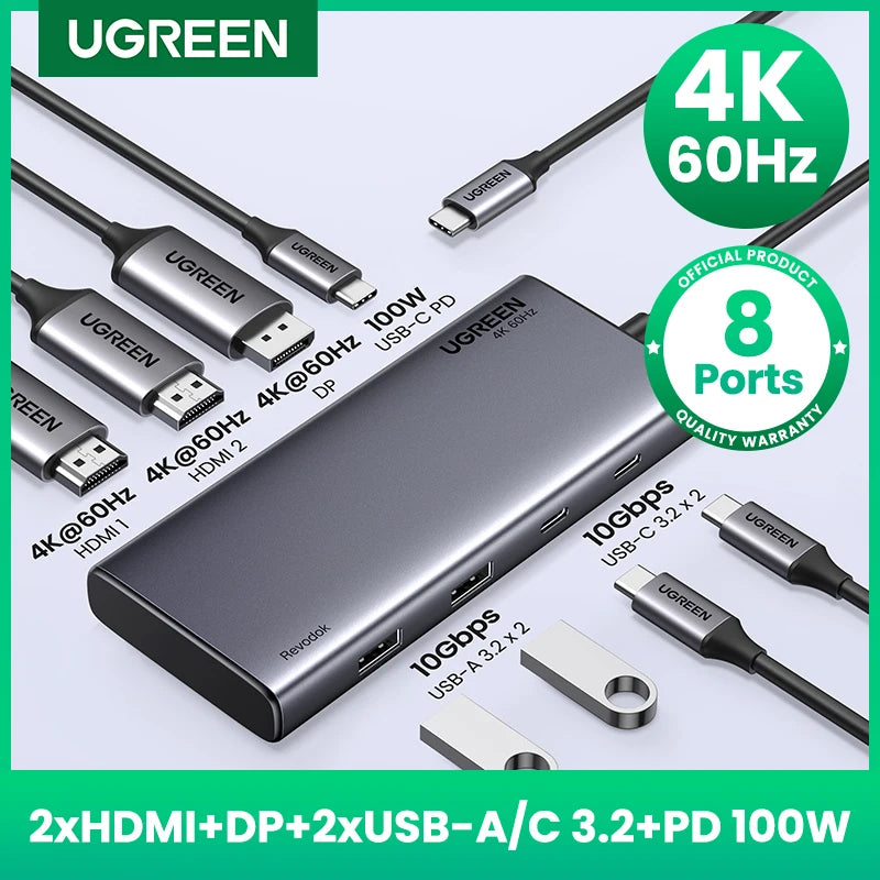 Hub USB-C UGREEN 8-en-1 Triple Écran 4K HDMI DP 10Gbps PD 100W – CLEVI Paris