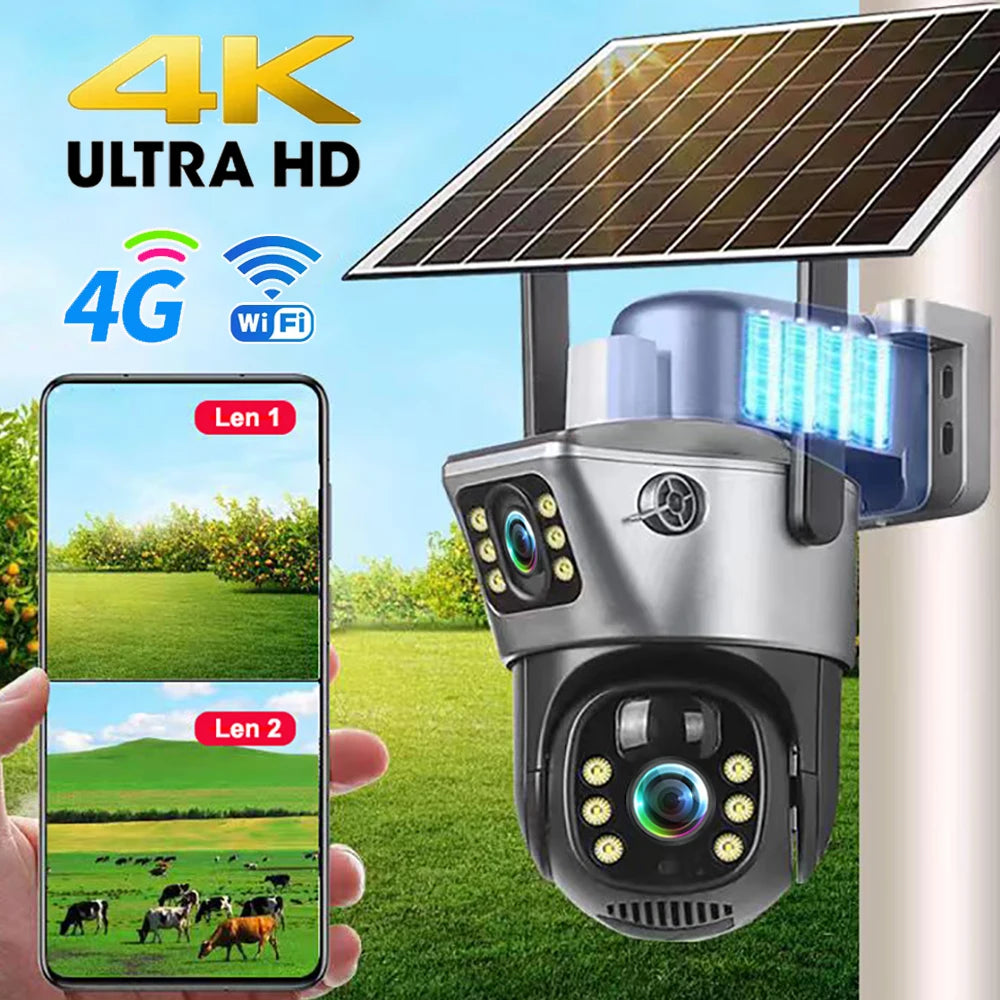Caméra Solaire Extérieure 4K Double Objectif PTZ – WiFi ou 4G SIM – Batterie 8000mAh – CLEVI Paris