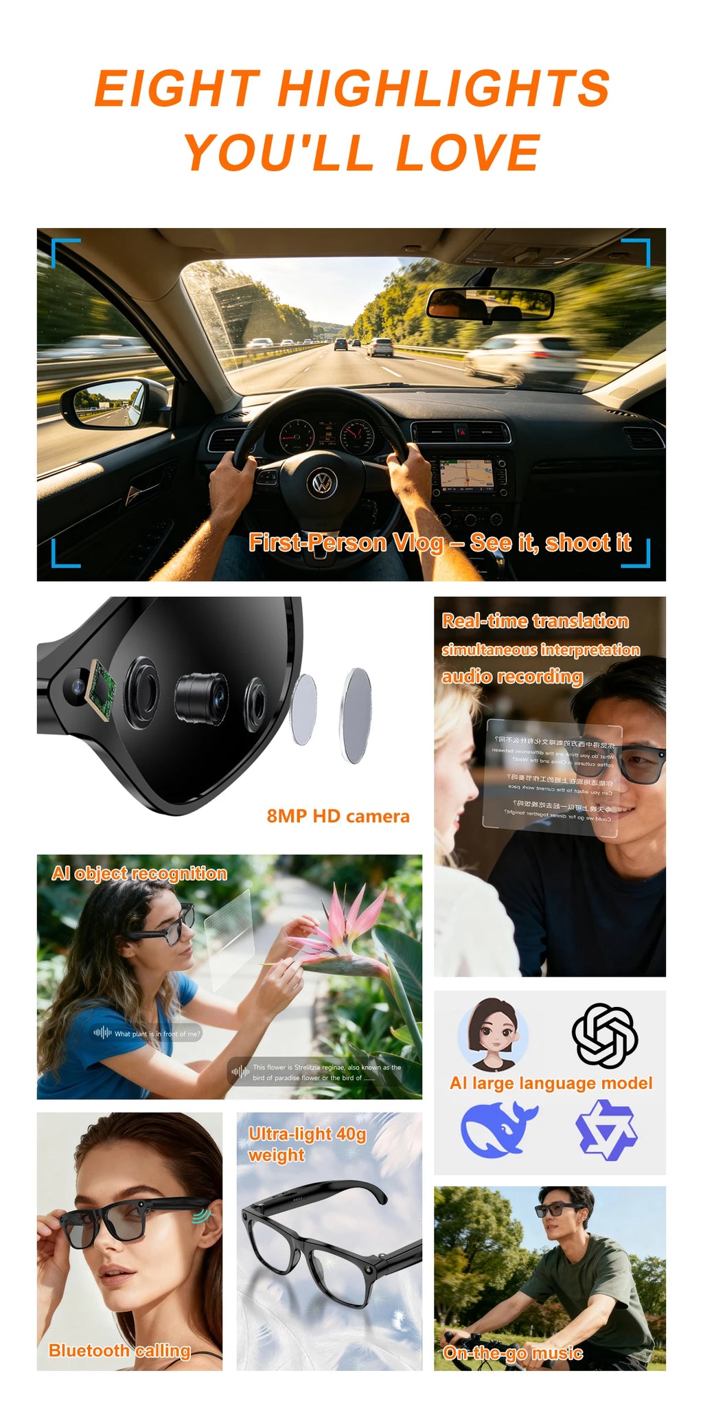 Lunettes Connectées Lenovo Smart AI – Caméra 8MP Bluetooth Traduction IA Assistant Vocal Appels Photo Vidéo Unisexe – CLEVI Paris