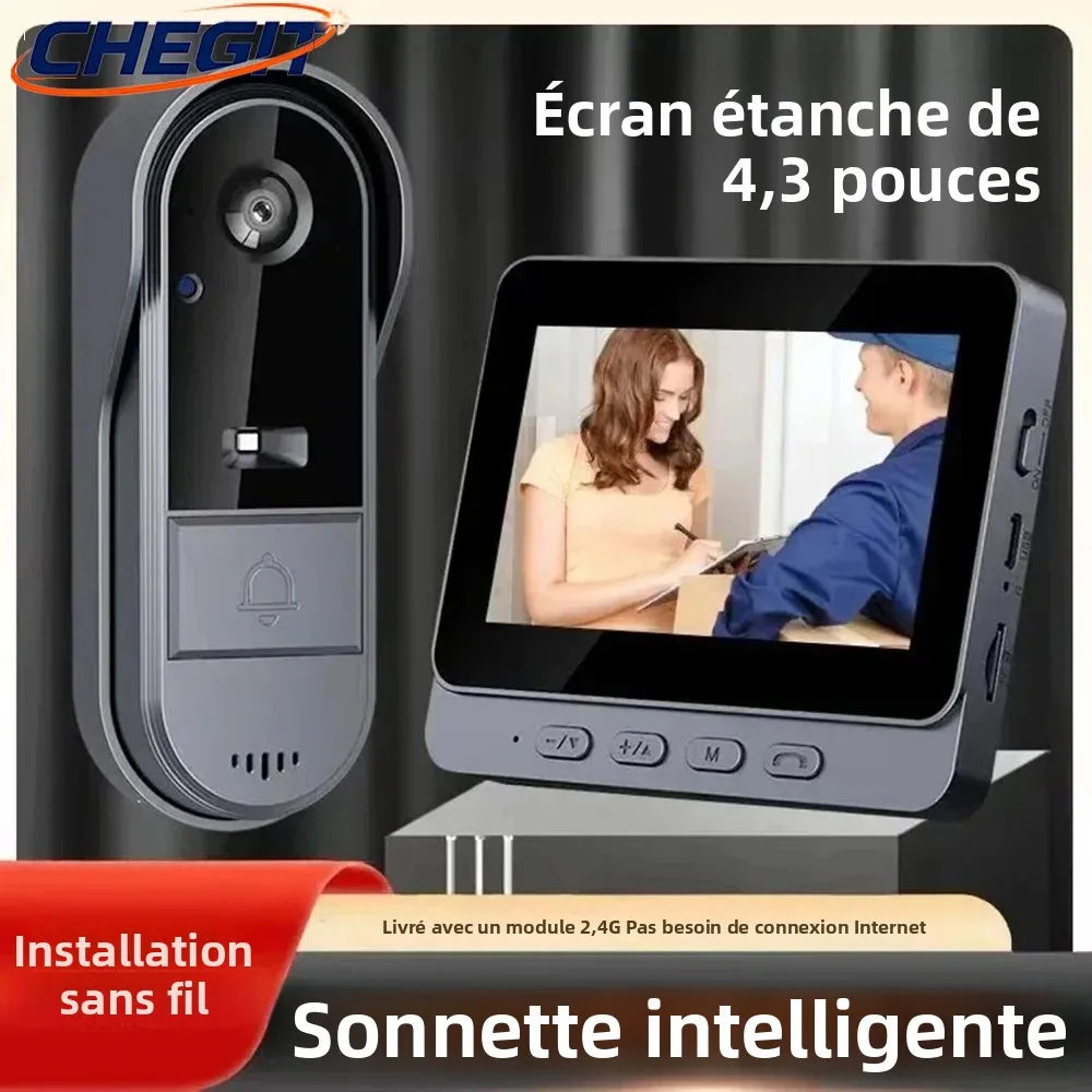 Sonnette Vidéo Sans Fil IP65 1080P – Écran 4,3" IPS Vision Nocturne IR Angle 170° Batterie 3-4 Mois – CLEVI Paris