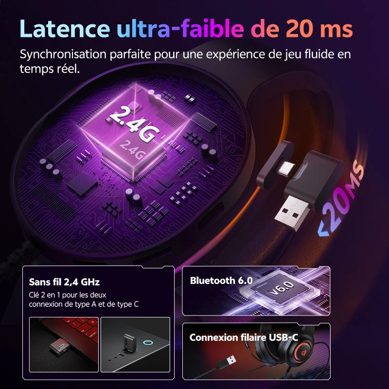 Casque Gaming QCY Heroad V200 7.1 Surround RGB Tri-Mode BT 6.0 240h Micro Détachable – CLEVI Paris