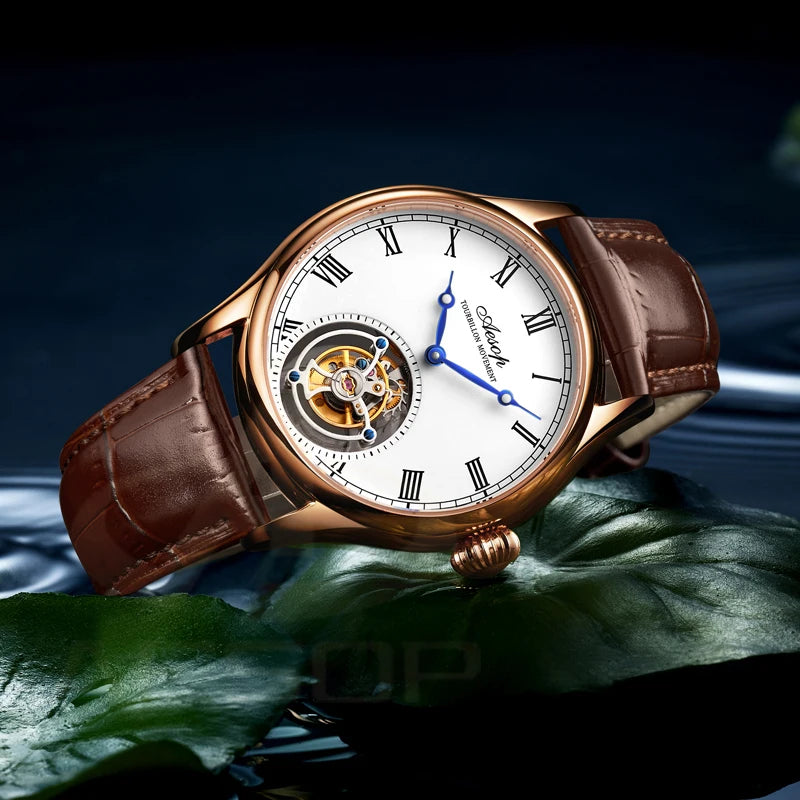 Montre AESOP Tourbillon Volant – Mécanique Squelette Double Face, Verre Saphir, Acier Inoxydable, Cuir, Étanche 5 ATM – CLEVI Paris