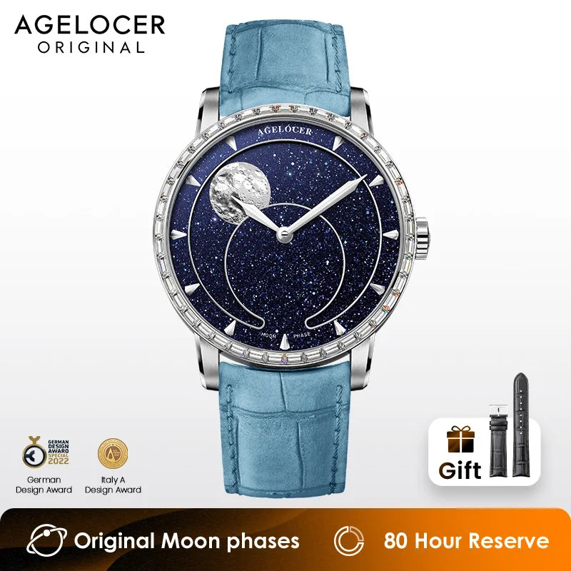AGELOCER Montre Automatique Homme Phase de Lune Aventurine Saphir Réserve 80h – CLEVI Paris