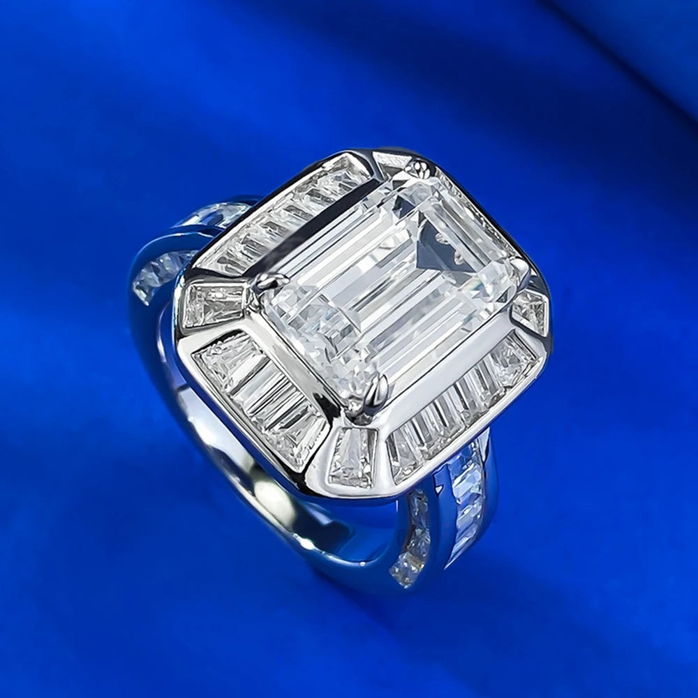 Bague Fiançailles Saphir Lab Taille Émeraude 8×12mm | Diamant Haute Carbone Argent 925 – CLEVI Paris