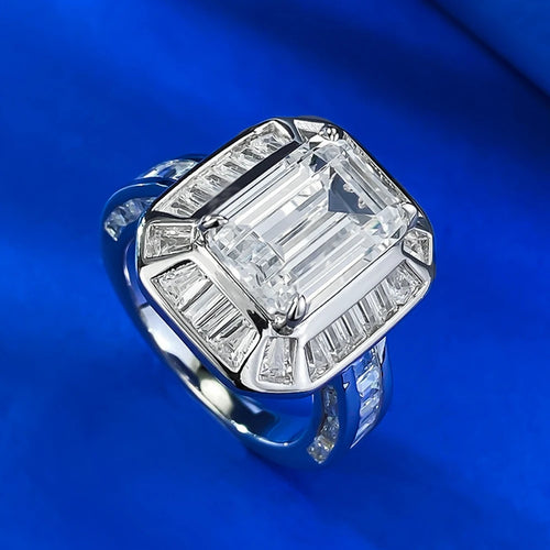 Bague Fiançailles Saphir Lab Taille Émeraude 8×12mm | Diamant Haute Carbone Argent 925 – CLEVI Paris