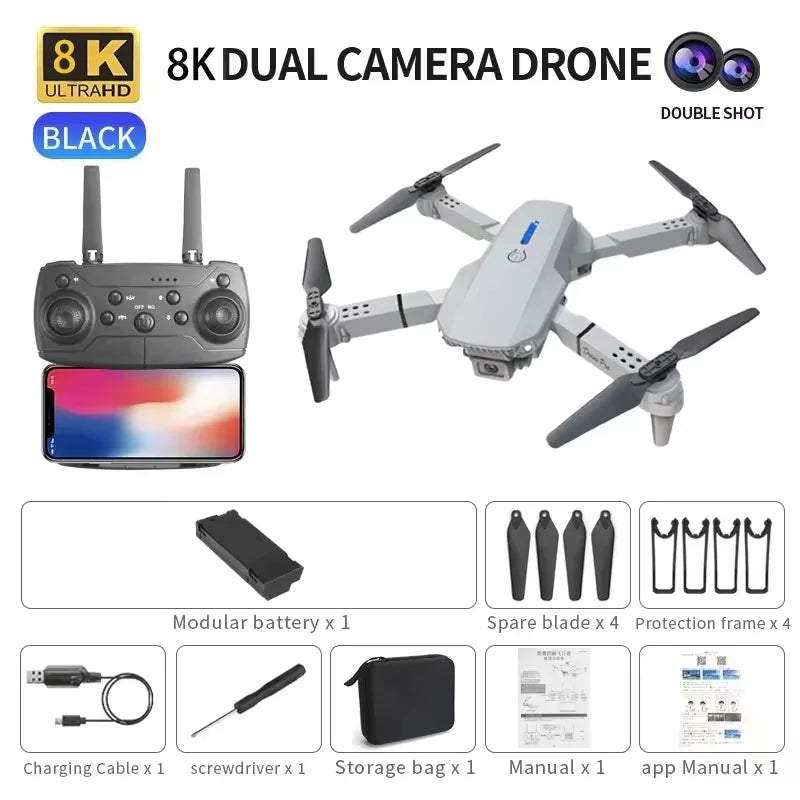 Drone E88 Pro 8K avec Écran Télécommande – Double Caméra, Positionnement Optique, Brushless & 23 Min de Vol – CLEVI Paris