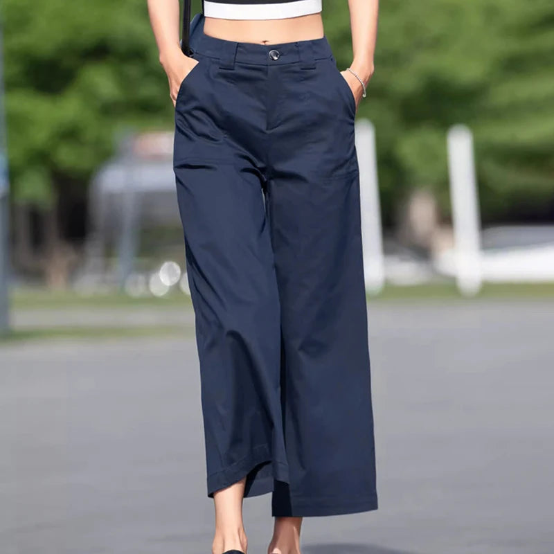 Pantalon Femme Taille Haute Jambe Large Uni Poches Style Casual Toutes Saisons – CLEVI Paris
