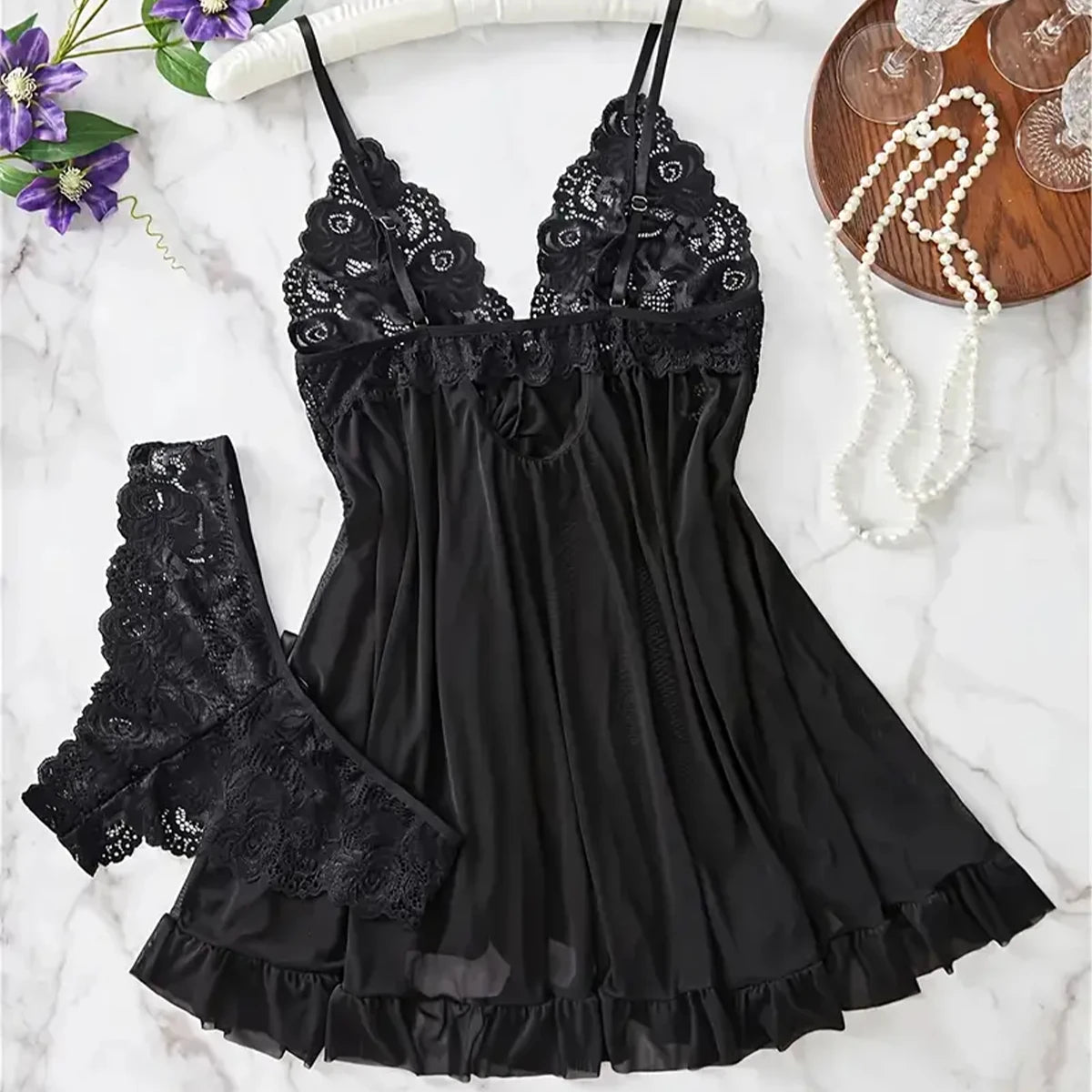 Ensemble Lingerie Dentelle Volantée Col V Profond Transparent Femme Nuisette Mini + String 6 Coloris S-XL – CLEVI Paris
