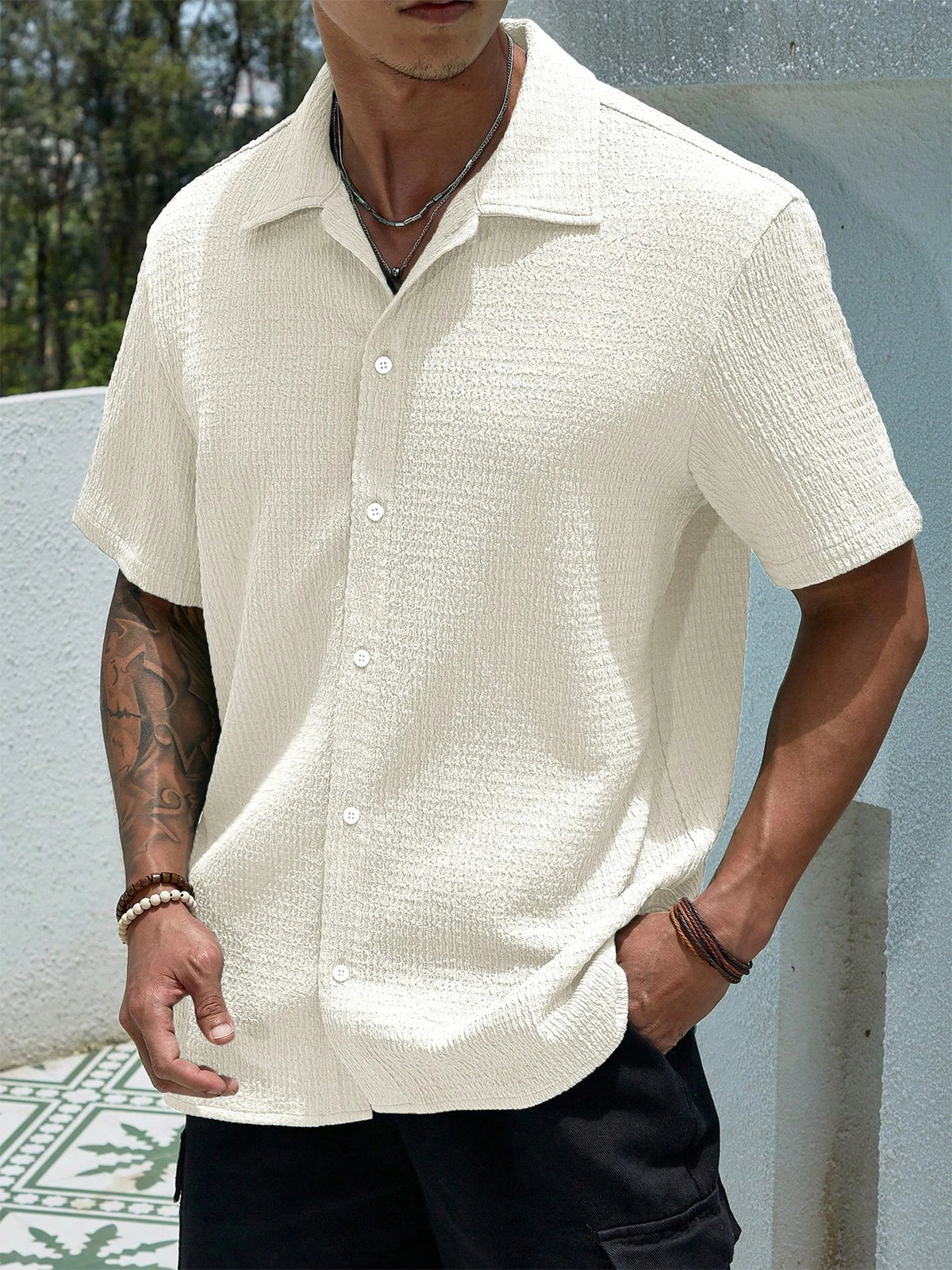 Chemise Homme Casual Manches Courtes Été Tissu Plissé Léger – CLEVI Paris