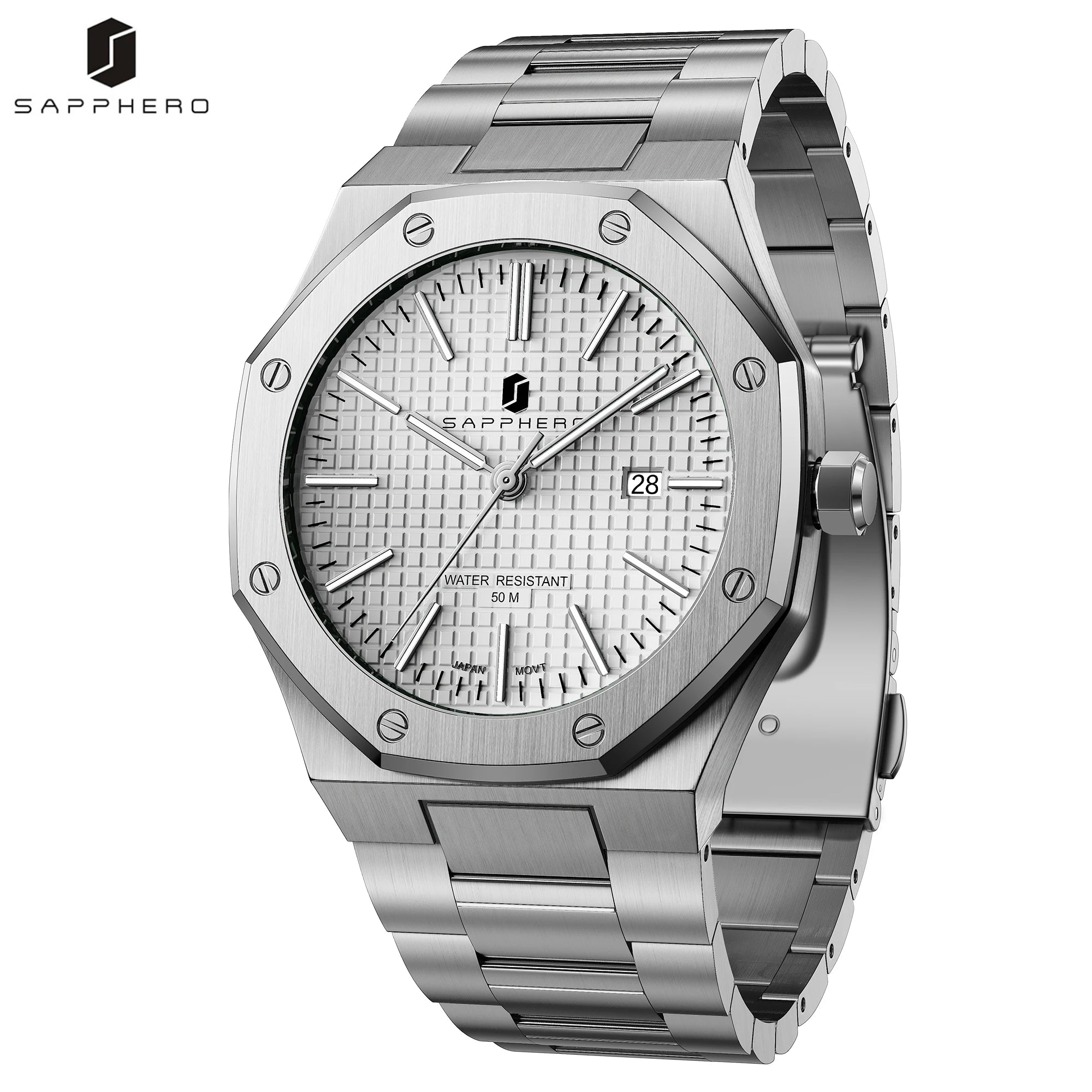 Montre SAPPHERO SO2110 – Quartz Seiko TMI PC32, Acier 316L, Cadran Octogonal, Date, Aiguilles Lumineuses, Étanche 5 ATM – CLEVI Paris