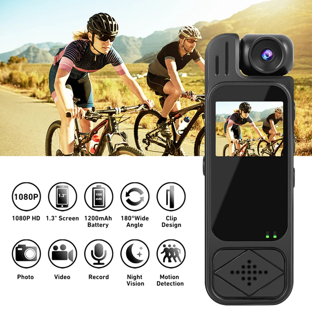Mini Caméra Corporelle 1080P – Vision Nocturne IR, Écran 1.3", Objectif 180°, 5H Autonomie