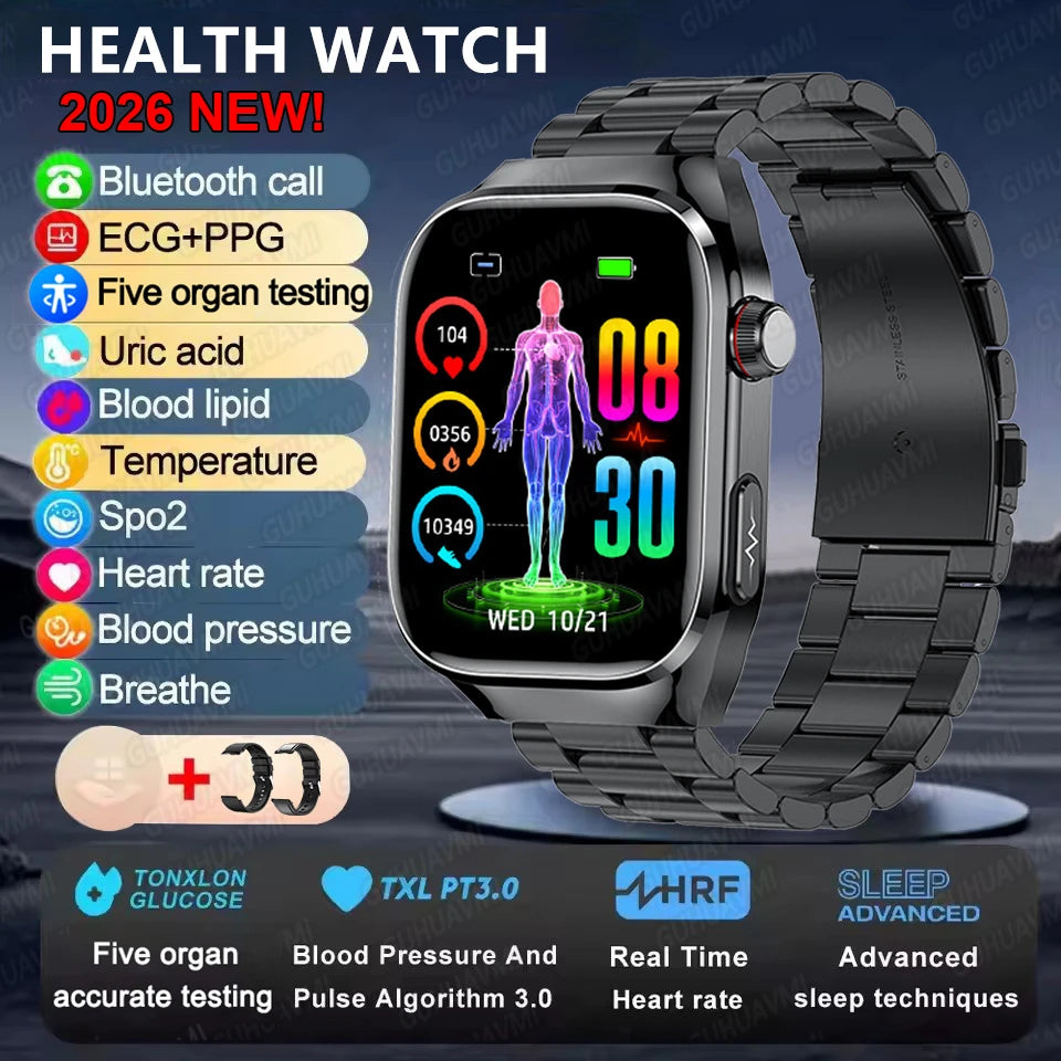 Montre Connectée Santé ECG Acide Urique IMC 5 Organes | AMOLED Verre Saphir IP68