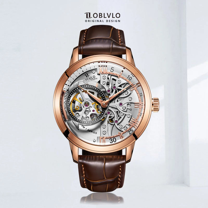 Montre Homme Automatique Squelette Rétro Cuir Veau Oblvlo VM 45mm – CLEVI Paris