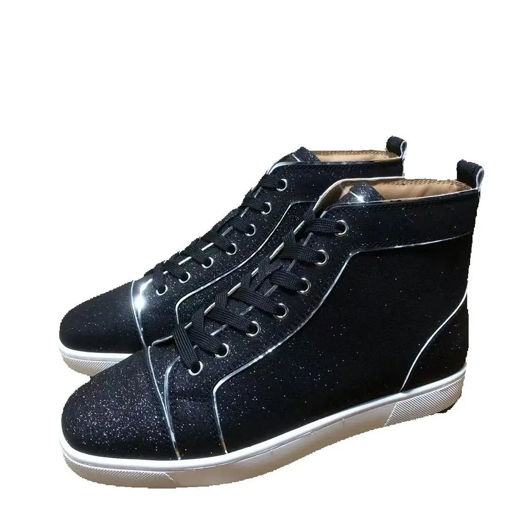Sneakers Montantes Cuir Glitter Noir Homme – Semelle Rouge, Lacets, Tailles 35-48 – CLEVI Paris
