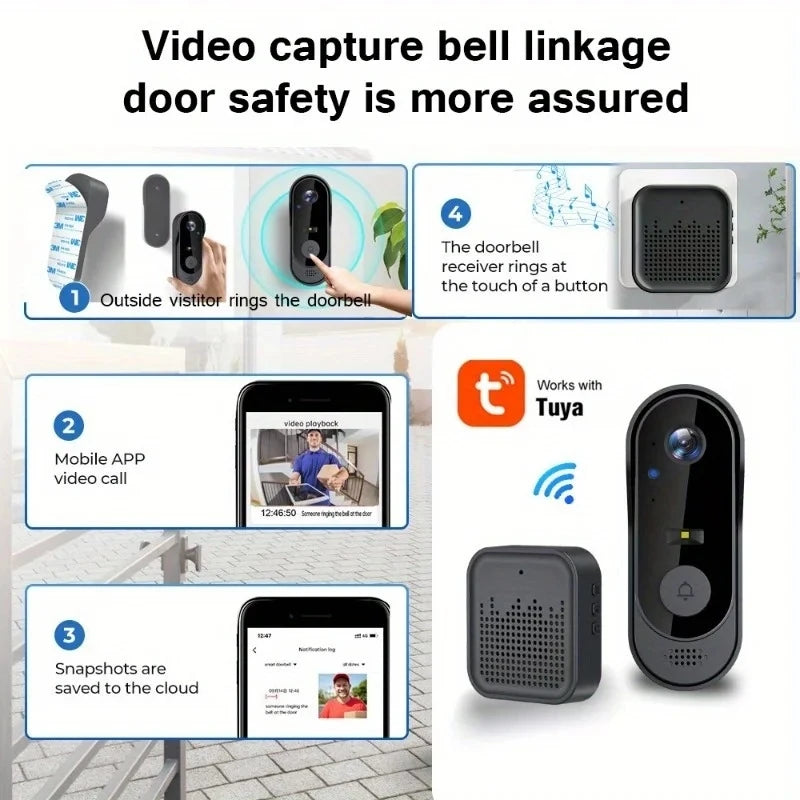 Sonnette Vidéo Connectée WiFi Tuya XBIBI – 2MP HD, Angle 170°, Audio Bidirectionnel, Vision Nocturne IR, Batterie 1000mAh