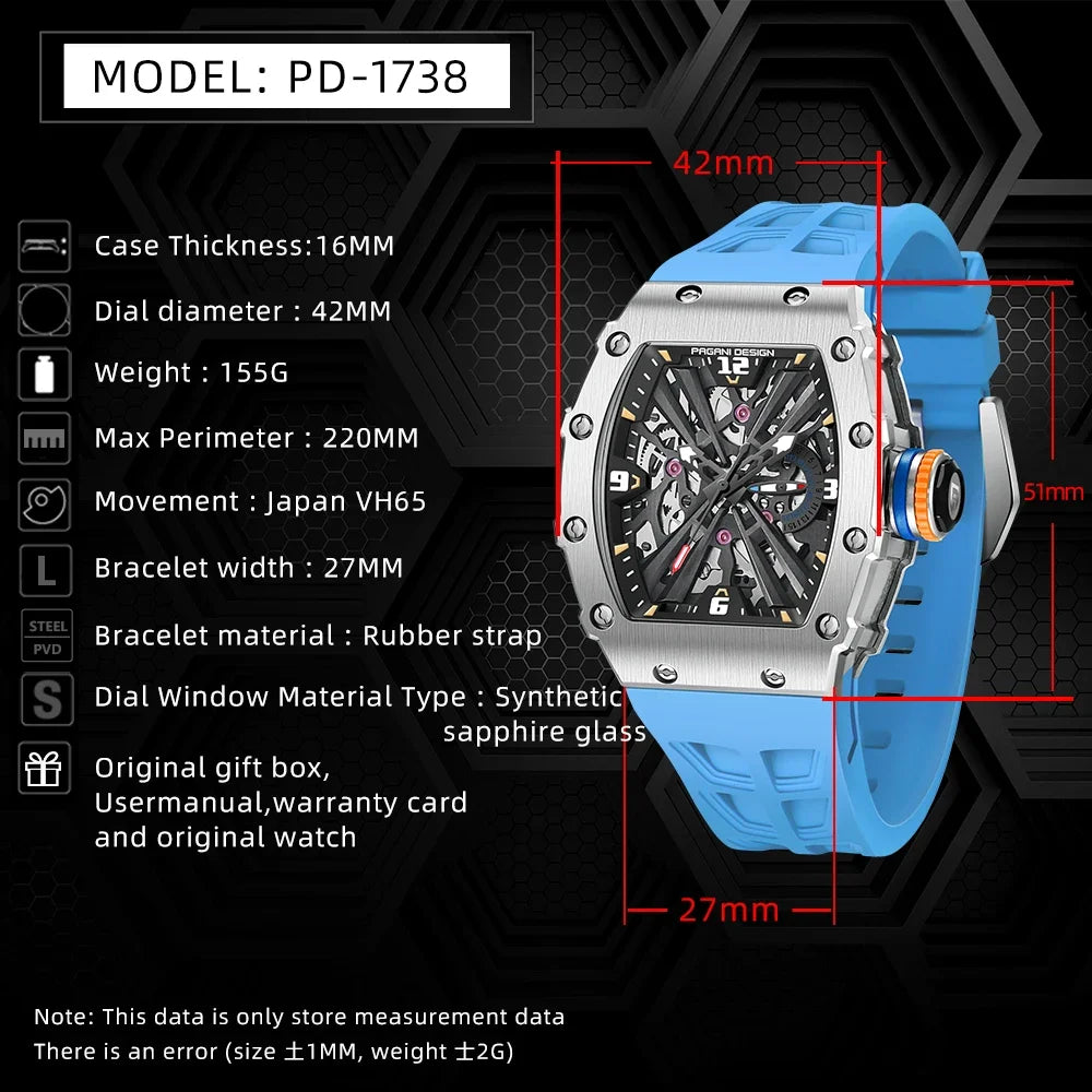 PAGANI DESIGN Montre Quartz Japonais Femme Homme Rectangulaire Saphir Silicone 42mm 100m – CLEVI Paris