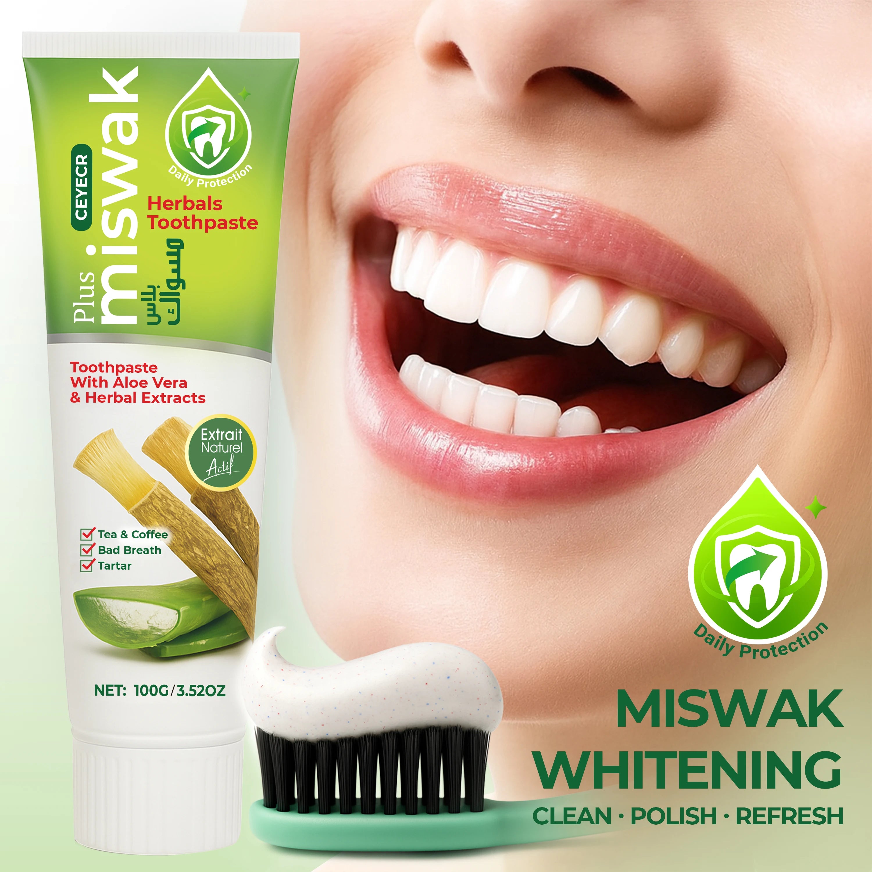 Dentifrice Herbal Miswak Ceyecr – Nettoyage Profond, Anti-Taches & Soin Gencives – CLEVI Paris