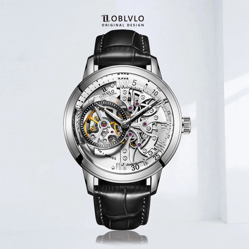 Montre Homme Automatique Squelette Rétro Cuir Veau Oblvlo VM 45mm – CLEVI Paris