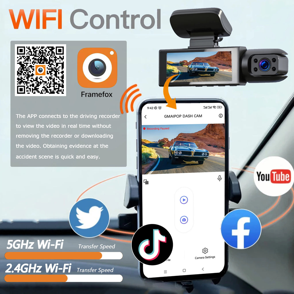 Dashcam WiFi 1080p Double Objectif – Vision Nocturne IR, G-Sensor, Grand Angle 170°, App Framefox – CLEVI Paris