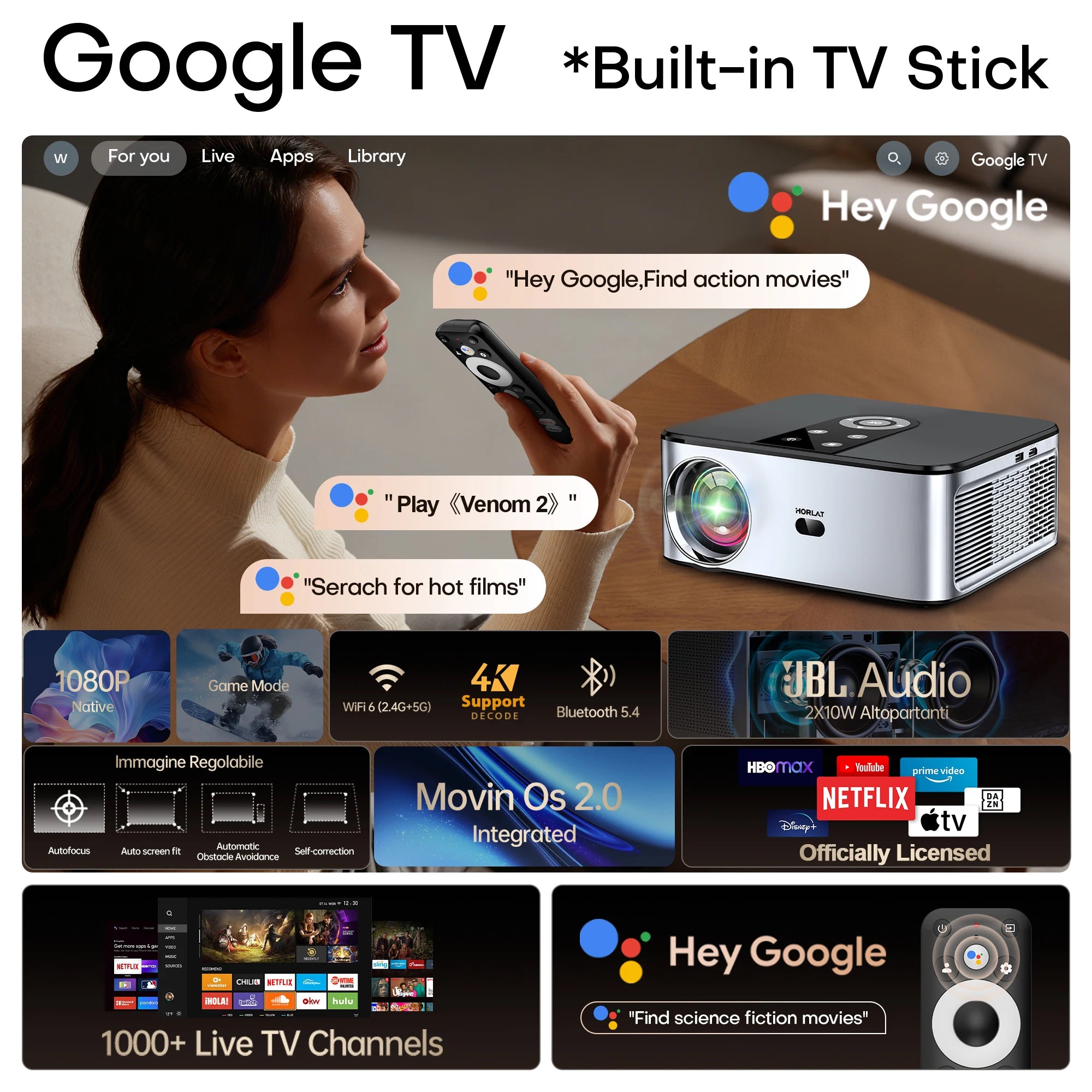HORLAT T03Max Projecteur Android 1080P 4K 8K 2000 ANSI Autofocus WiFi 5G BT 5.2 HDR10 – CLEVI Paris