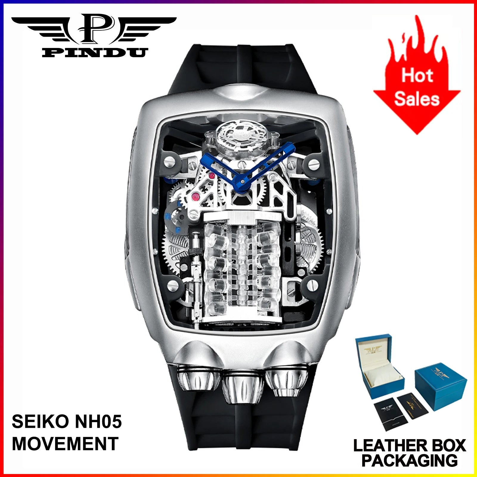 Montre Homme PINDU PD5023 – Automatique Seiko NH05, Style Militaire Squelette, Acier 316L, Lumineux, Étanche 5 ATM – CLEVI Paris