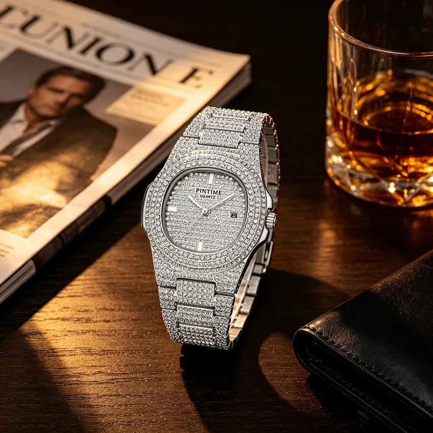 PINTIME Montre Quartz Homme Full Diamond Acier Carrée Sport – CLEVI Paris