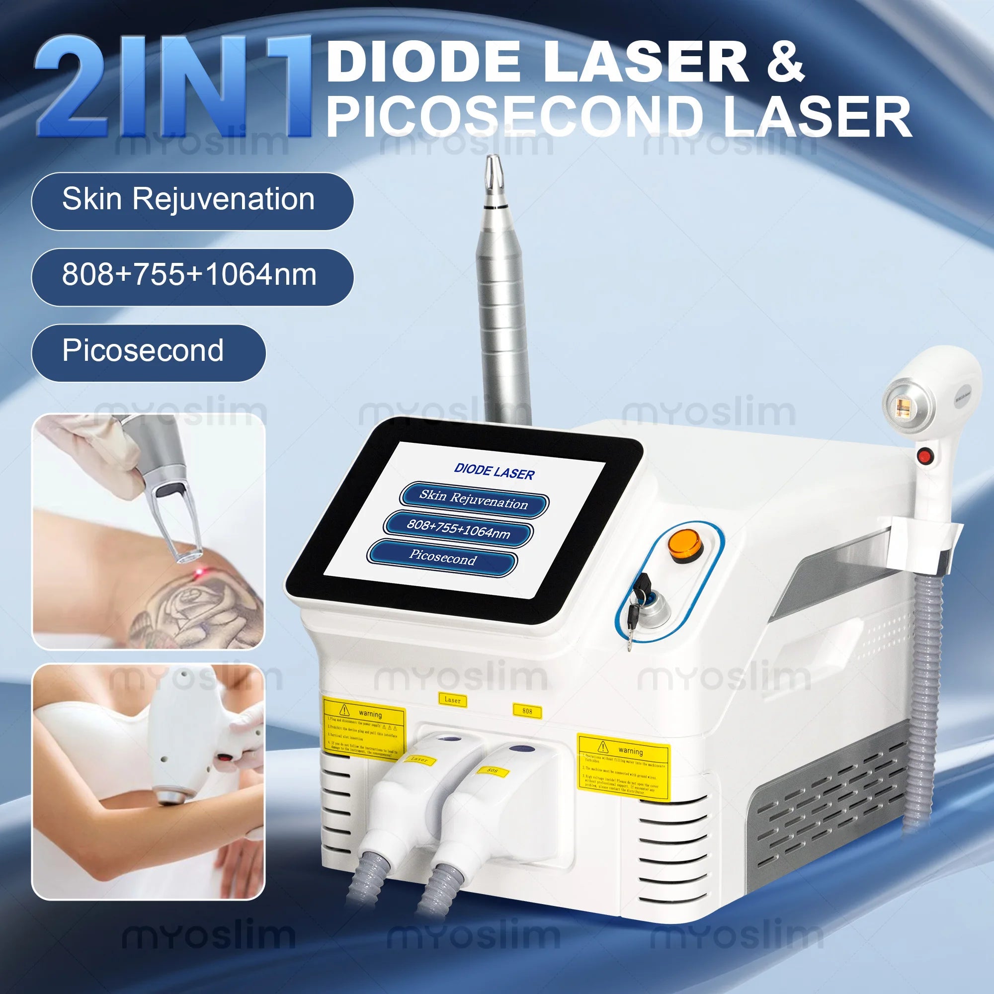 Machine 2-en-1 Épilation Laser Diode 755nm 808nm 1064nm & Picoseconde Tatouage Pigments – CLEVI Paris