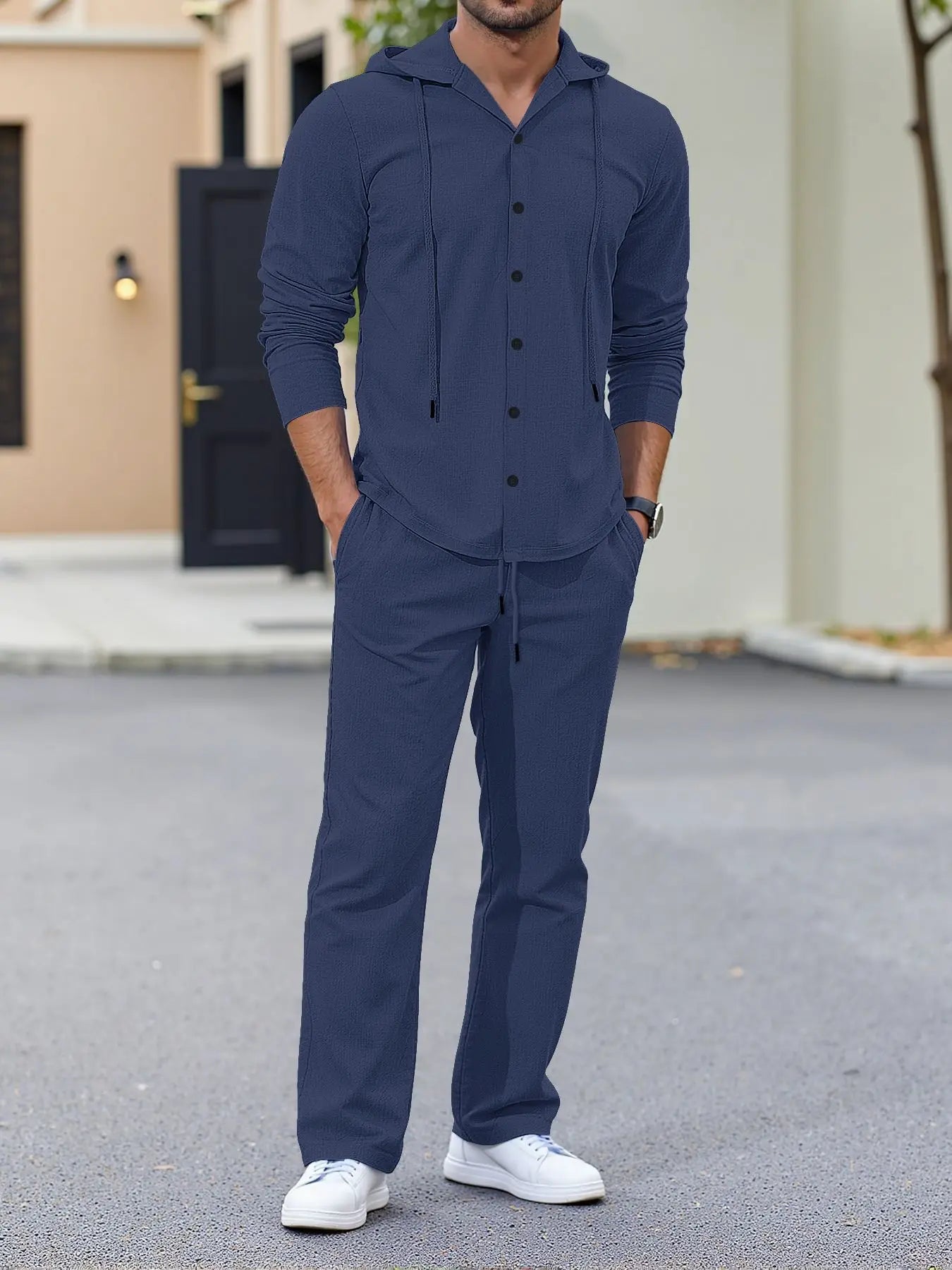 Ensemble Homme Chemise Lin À Capuche Manches Longues + Pantalon Cordon Casual Streetwear Voyage – CLEVI Paris
