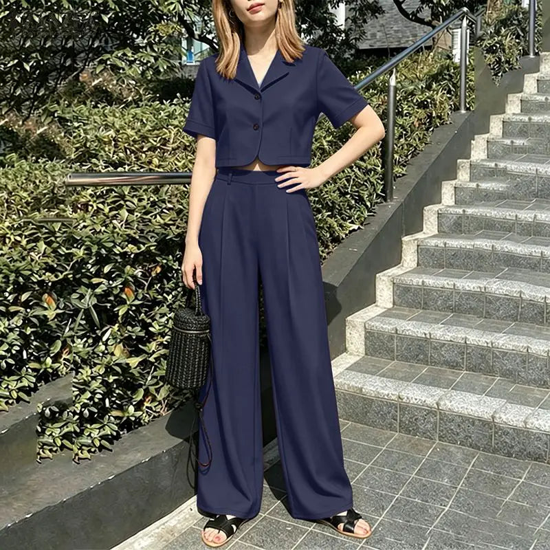 Ensemble 2 Pièces Femme Crop Top Col Rabattu Manches Courtes Boutonné + Pantalon Large Taille Haute Élastique Poches Casual OL Marron Kaki Marine – CLEVI Paris
