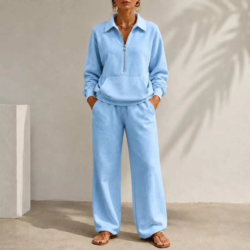 Ensemble femme sweat col zippé et pantalon large – CLEVI Paris
