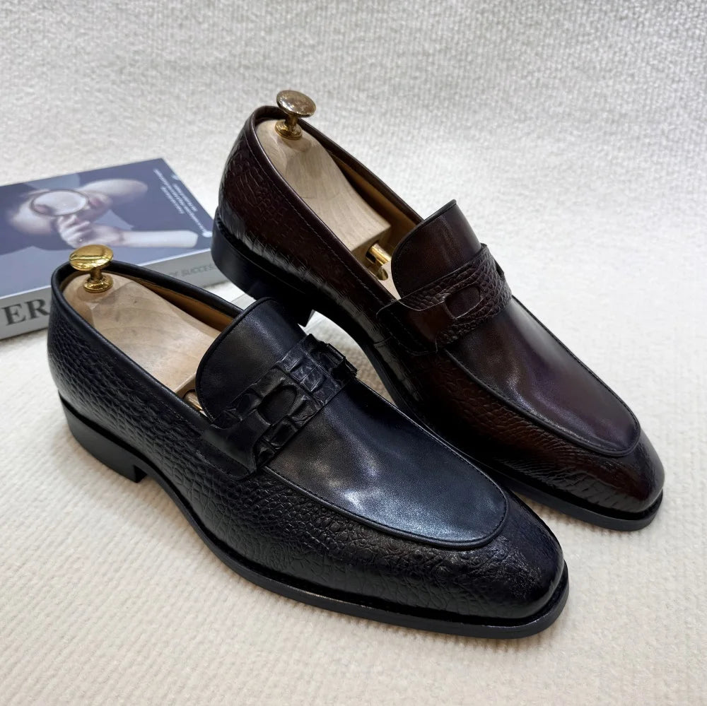 Mocassins Homme Cuir Vache Imprimé Crocodile Double Boucle Slip-On Bout Pointu Mariage Business EU 39-46 Felix Chu – CLEVI Paris