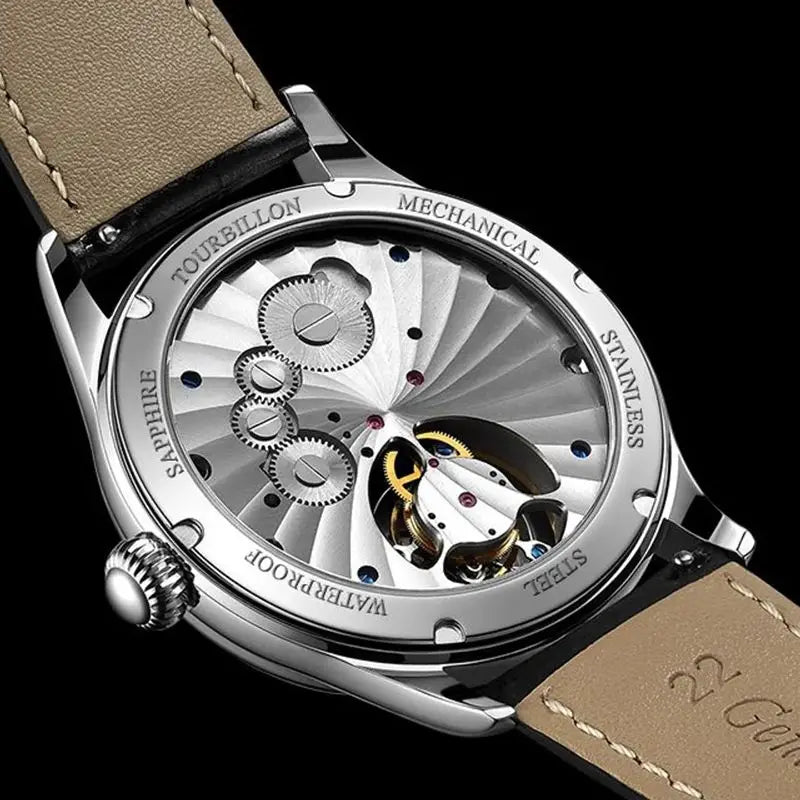 Montre AESOP Tourbillon Volant – Mécanique Squelette Double Face, Verre Saphir, Acier Inoxydable, Cuir, Étanche 5 ATM – CLEVI Paris