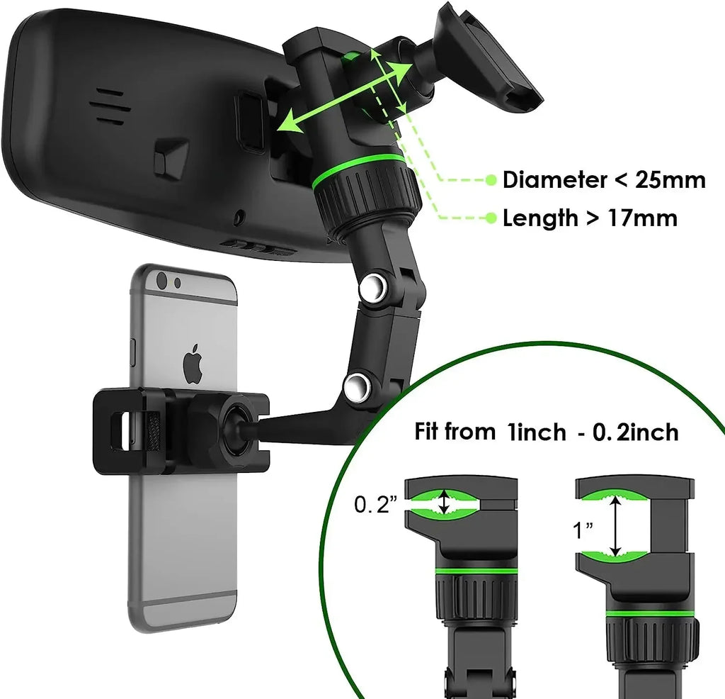 Support Téléphone Voiture Universel — Clip Rétroviseur, Rotation 960°, Réglable, Gris & Vert | CLEVI Paris