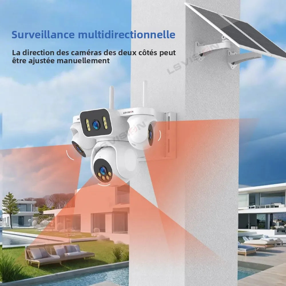 Caméra Solaire 4G PTZ 4 Objectifs 20MP – Zoom Optique 12x Batterie 16000mAh Panneau 20W Enregistrement 24/7 IP66 – CLEVI Paris