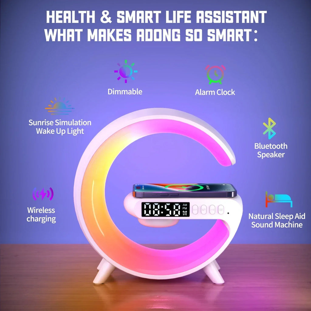 Station de Charge Sans Fil 15W — Enceinte Bluetooth, Lampe Ambiance RGB 9 Modes, Réveil | CLEVI Paris
