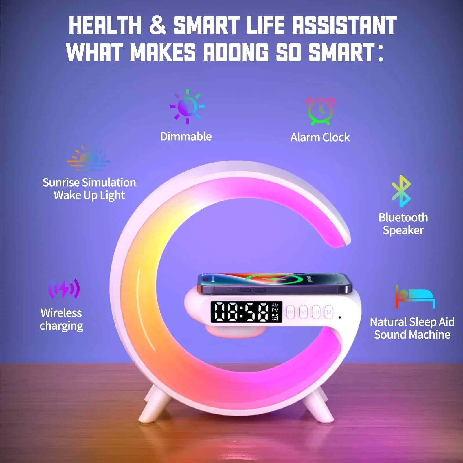 Station de Charge Sans Fil 15W — Enceinte Bluetooth, Lampe Ambiance RGB 9 Modes, Réveil | CLEVI Paris