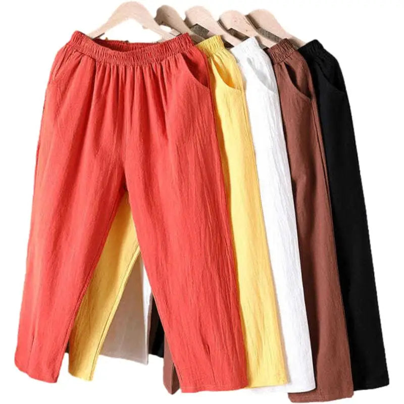 Sarouel Femme Coton Lin Casual Loose Taille Élastique Été – CLEVI Paris