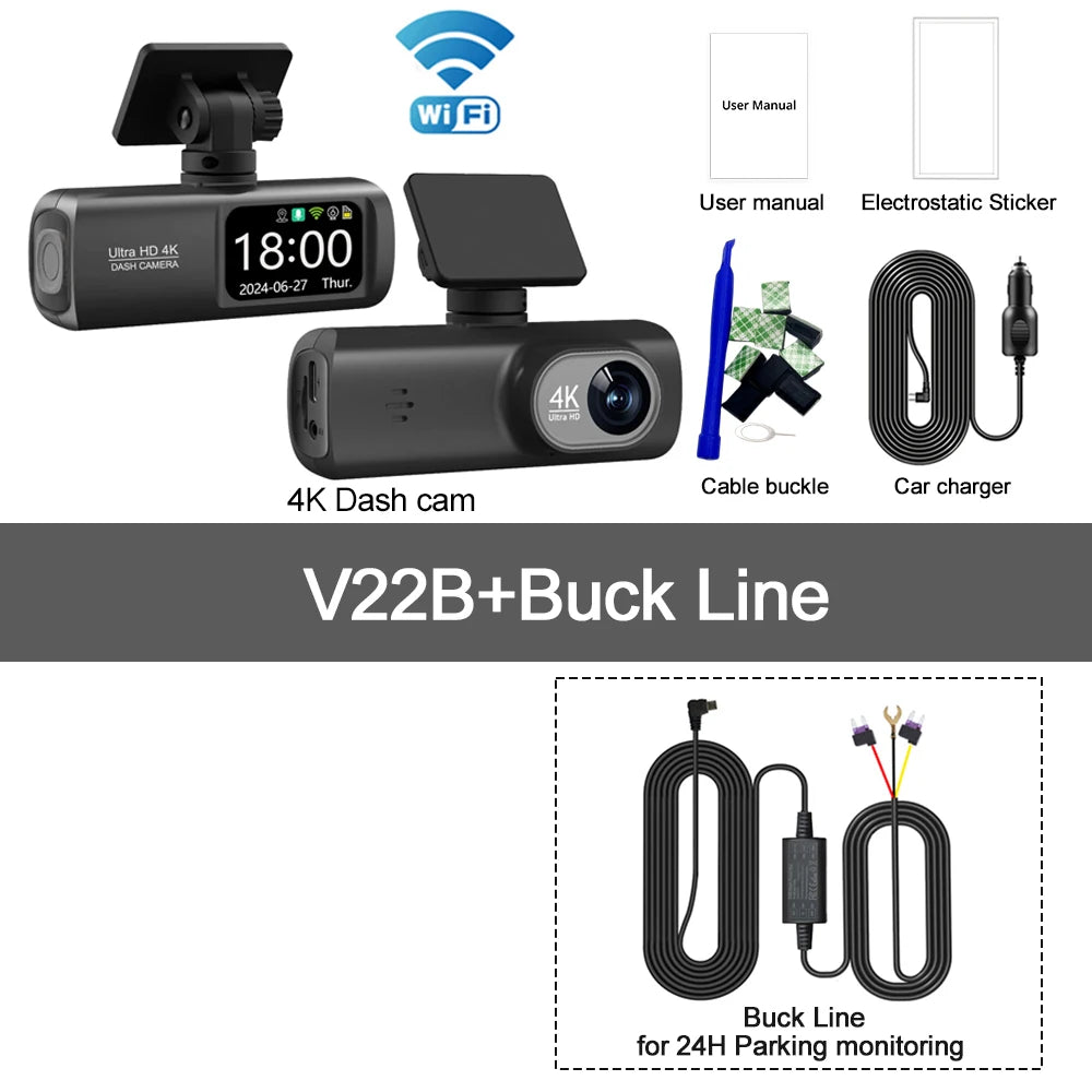 Dashcam 4K WiFi V22B – Double Objectif, GPS, Caméra Arrière 1080p, Surveillance Parking 24h – CLEVI Paris