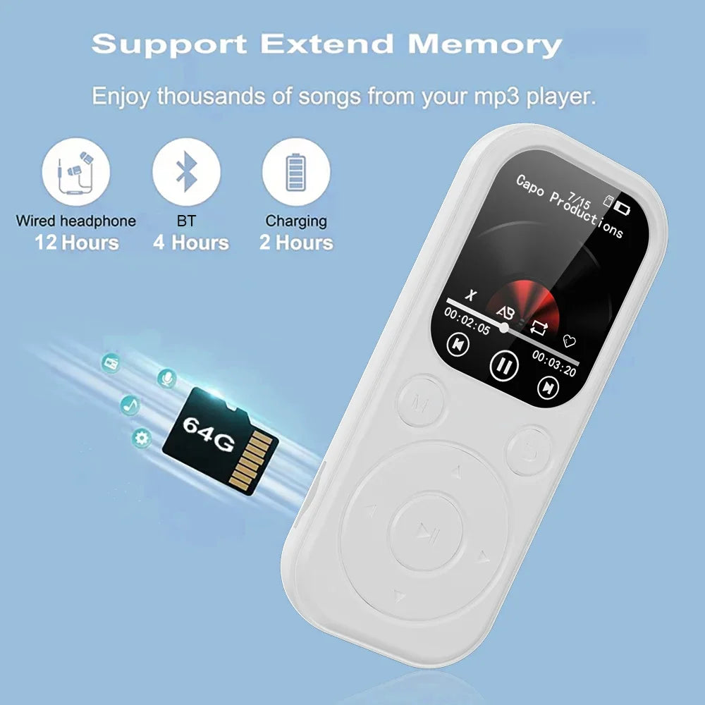 Lecteur MP3 Slim 1,8" Bluetooth 5.4 – Walkman Portable, Radio FM, Enregistreur, Lecture E-Book – CLEVI Paris